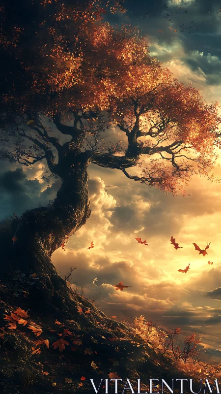 Twilight autumn sentinel bending over a storm-lit horizon.