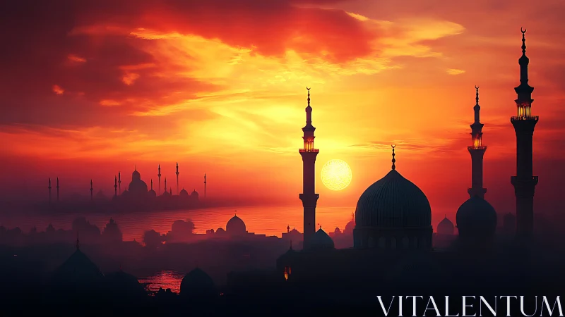 Digital painting of mosque silhouettes at radiant sunset skyline.