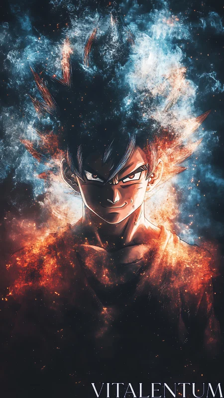 Energetic anime warrior rendered with bilateral fiery aura contrast