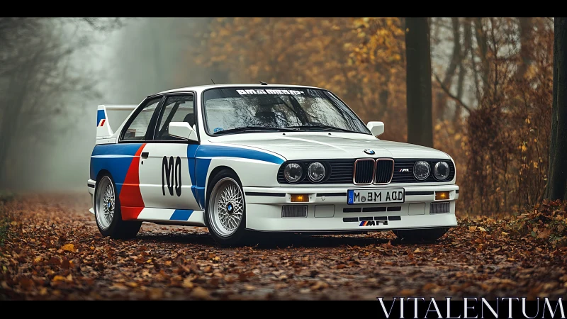 BMW E30 M3 race car rests on foggy autumn forest road