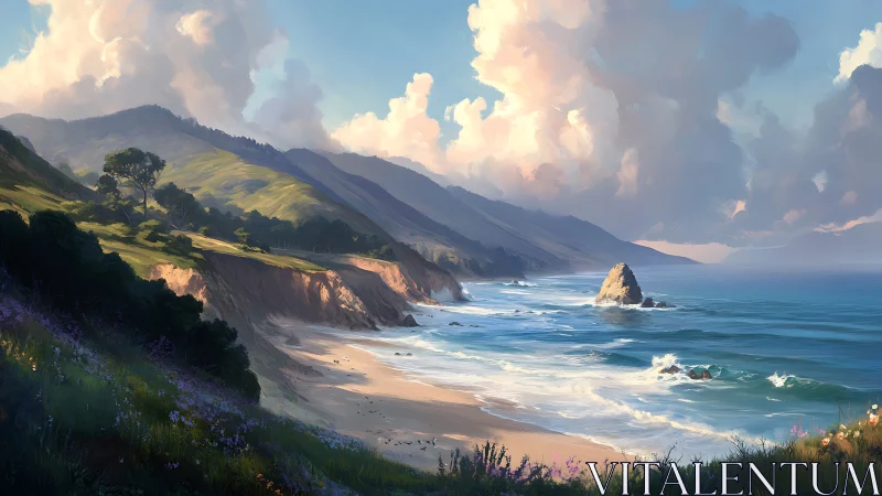 Sunlit coastal cliffs and rolling waves under glowing clouds.