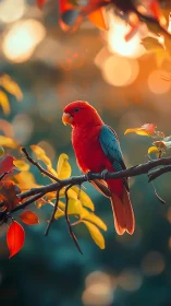 Scarlet parrot pauses mid-song as sunset turns leaves molten