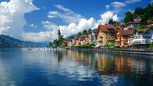 Lakeside town with boats, colorful houses, and church tower