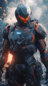 Armored exosuit soldier with emissive visor in burning particle field