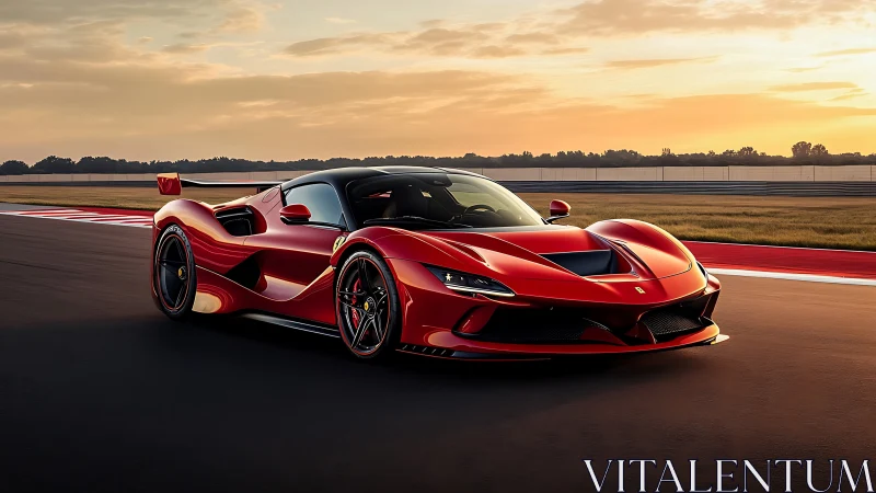 Red supercar on racetrack at sunset in dynamic profile.