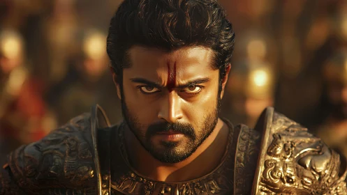 Warrior close-up in ornate bronze armor, blazing gaze poised.