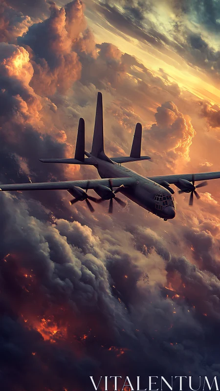 Military aircraft cuts through burning storm clouds at dusk.