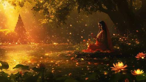 Mystic riverside meditation beneath firelit temple glow.