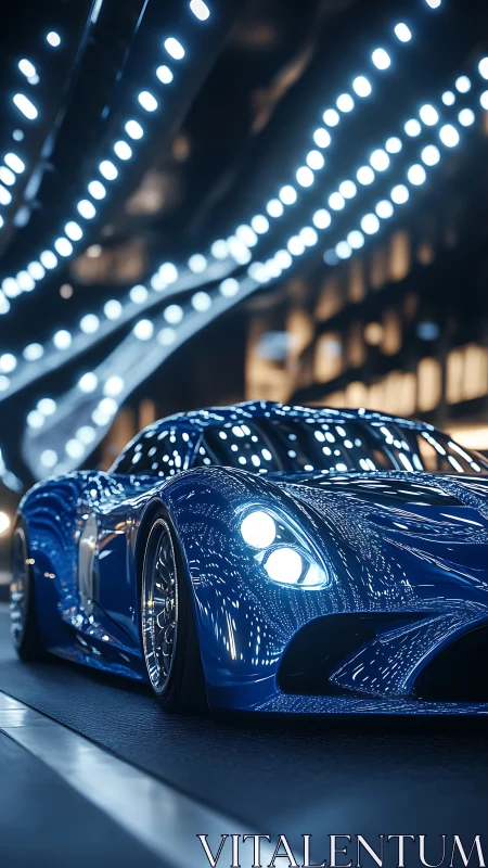 Sleek blue supercar under streaming tunnel lights at night.