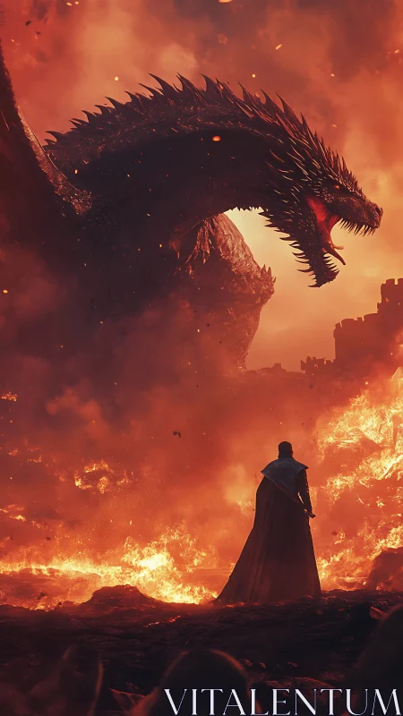 Digital painting of dragon confrontation amid volcanic inferno.