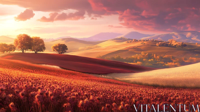 Sunlit rolling hills with red fields and scattered trees.