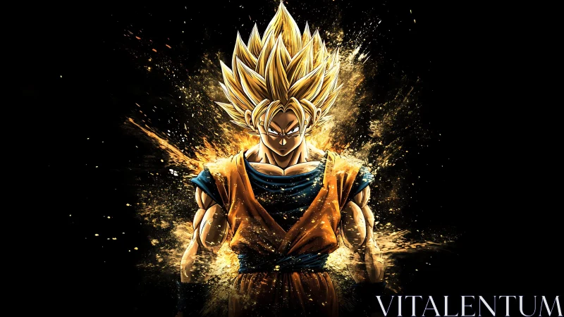 Golden-haired anime warrior ignites a cosmic power storm.