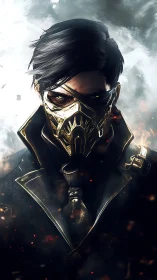 Masked cyber-noir assassin rendered in dramatic digital chiaroscuro