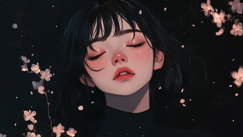 Girl with closed eyes amid soft falling cherry blossoms.