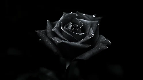 Solitary black rose shimmers with dewdrops in deep shadow