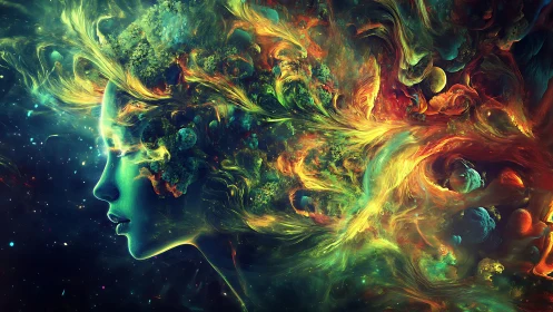 Cosmic dreamer exhales nebulae and worlds into wild bloom