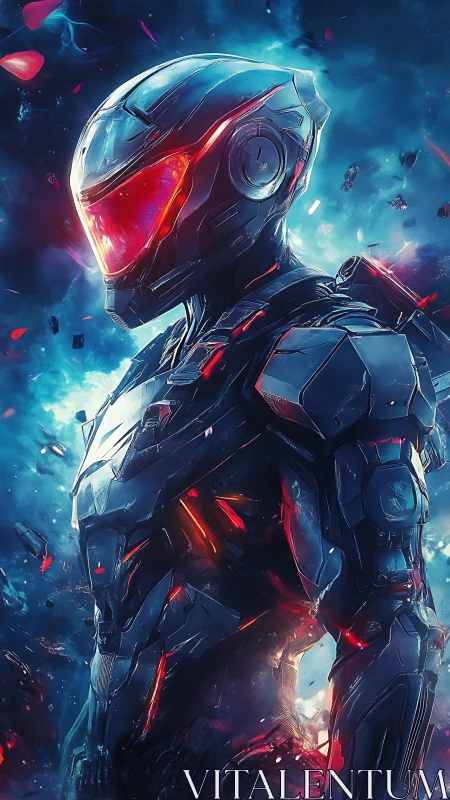 Armored cybernetic soldier in emissive exosuit amid plasma debris