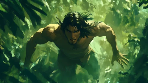 Muscular man moves forward through dense green jungle foliage