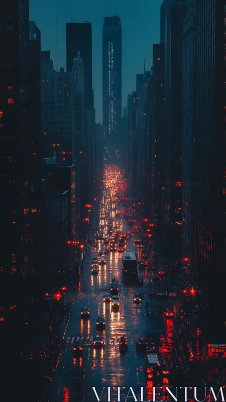 Rain-soaked neon canyon where city lights quietly smolder.