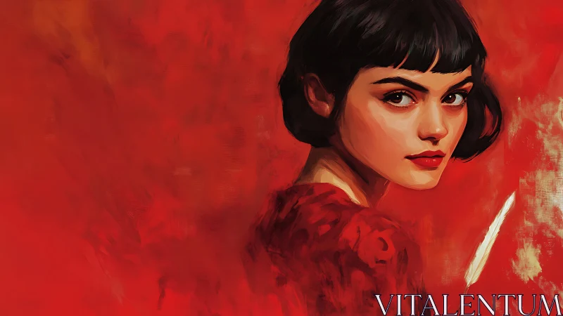 Portrait of a dark haired woman set against red background