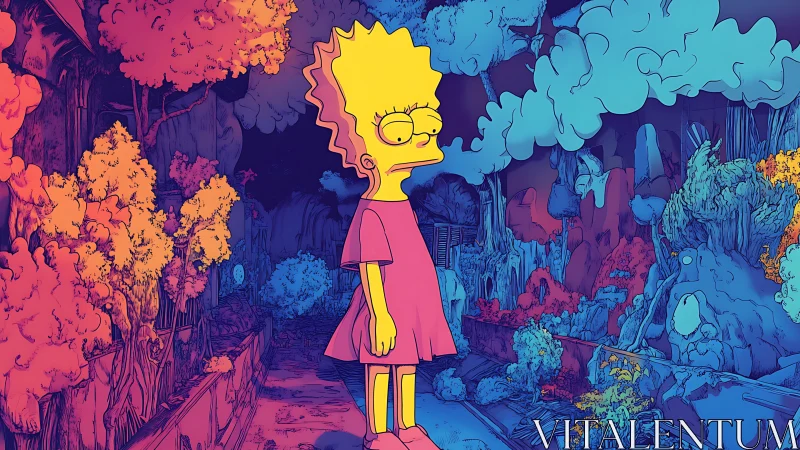 Neon anime character in bioluminescent forest corridor study.