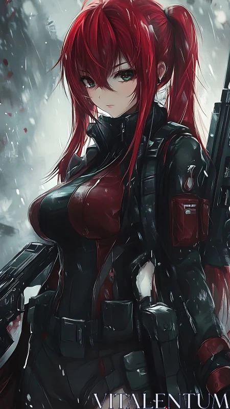 Red‑haired anime soldier stands vigilant in rain-soaked ruins
