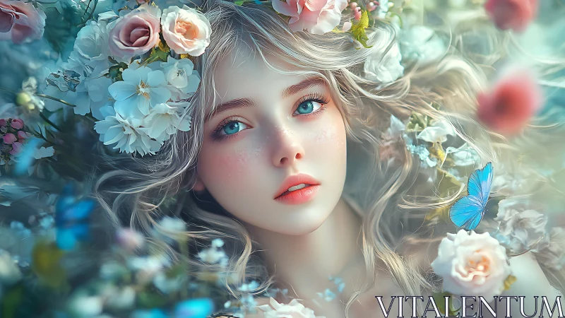 Digital portrait shows young woman framed by flowers and light