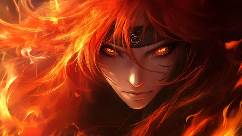 Fiery anime warrior portrait with intense glowing eyes.