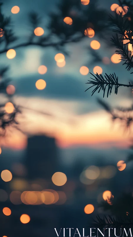 Shallow-depth twilight bokeh with silhouetted evergreen branches.