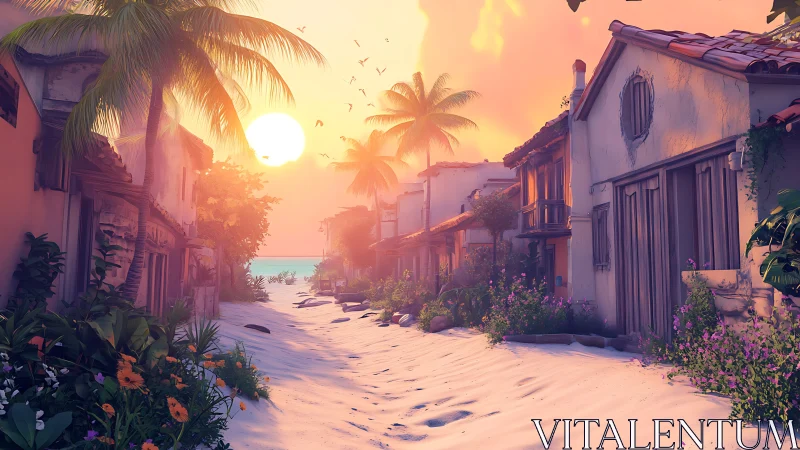 Sunset street scene with colonial architecture in coastal setting.