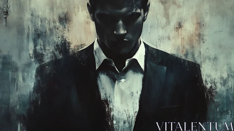 Shadowed figure in a suit stands in softly blurred darkness