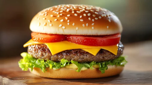 Cheeseburger on wooden surface with lettuce and tomato slices.