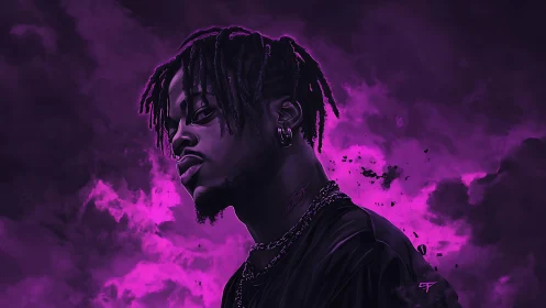 Violet nebula portrait with high-contrast digital chiaroscuro.