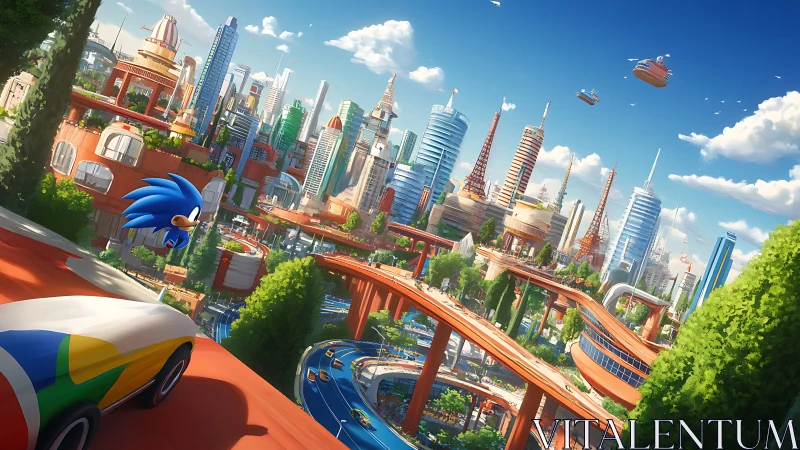 Sonic speeds through futuristic multi-level eco highway city.