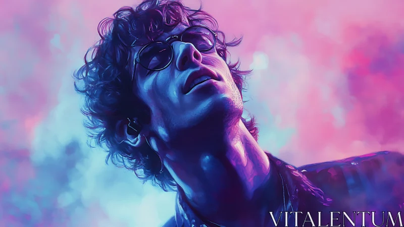 Neon backlit portrait renders a musician in euphoric profile