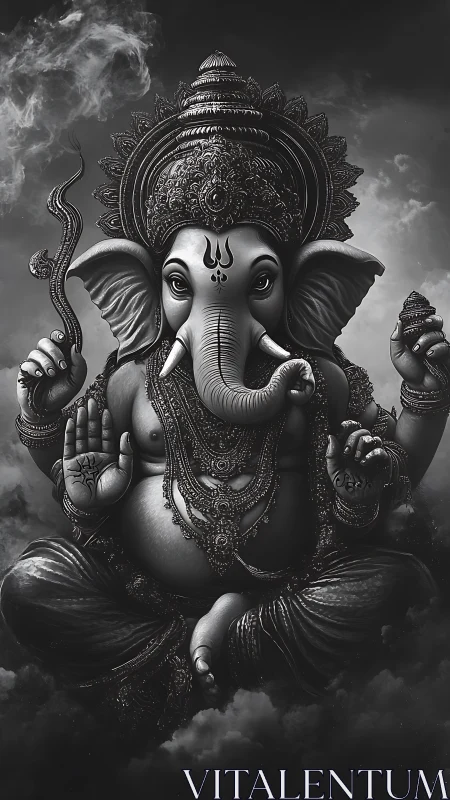Gentle elephant-headed deity resting in swirling silver clouds.