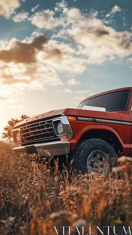 Sunset field crowns a weathered red pickup with quiet pride