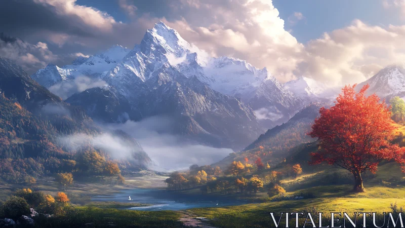 Glowing autumn tree welcomes calm beneath snowy peaks