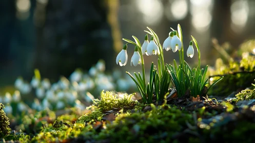 Snowdrops bloom through moss in spring's first light.