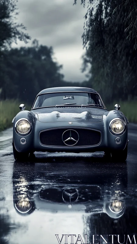 Rainy road classic car poised above a mirror of puddles.