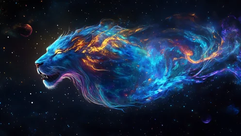 Cosmic nebula lion head with luminous plasma mane.