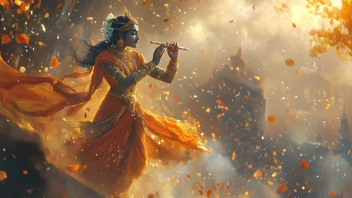 Divine flutist in flowing saffron robe amid luminous petals