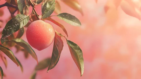 Ripe dewy peach hangs among sunlit leaves at sunrise