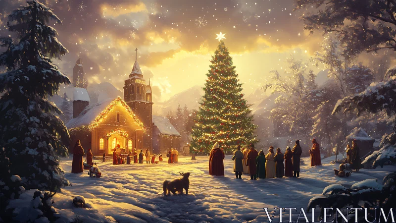 Snow-covered church square displays illuminated Christmas tree