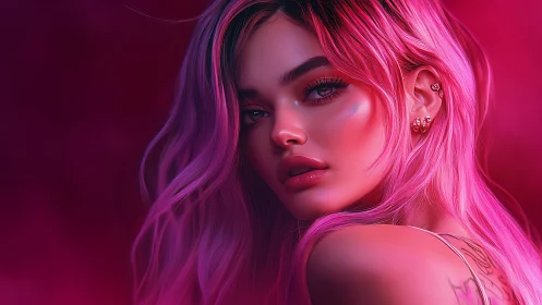 Digital portrait shows pink haired woman in neon lighting