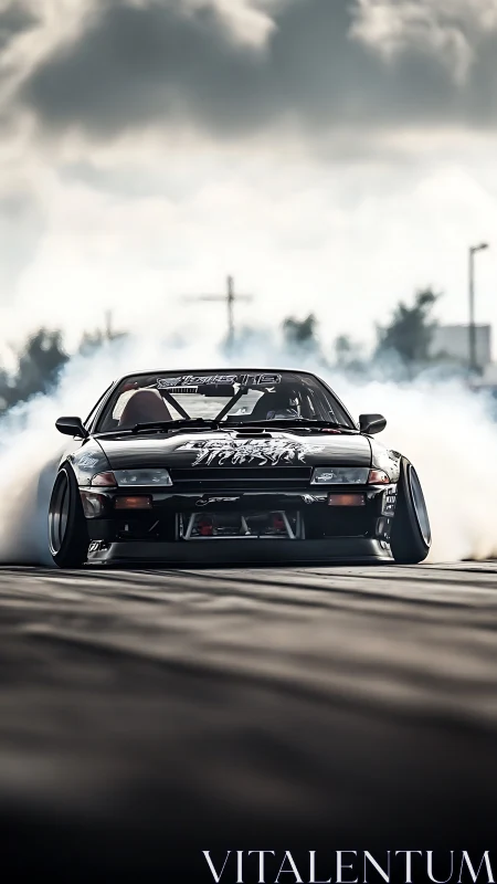 Modified drift car generating tire smoke on open track.