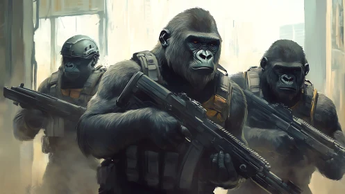 Paramilitary gorilla fireteam advances with tactical carbines drawn