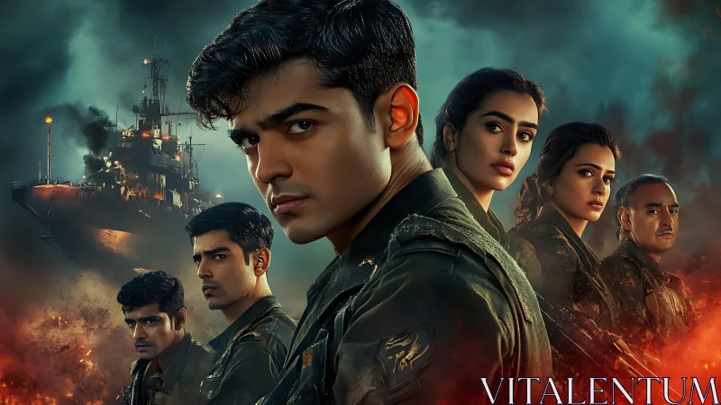 Bold naval squad stands united against a blazing war zone