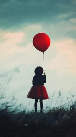 Silhouetted child with red balloon contrasts dusk sky dramatically