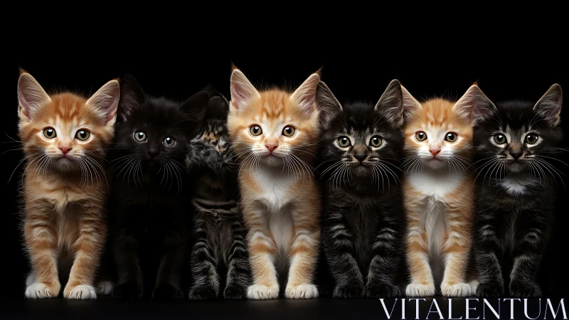 Seven Kittens Lined Up Against Black Background